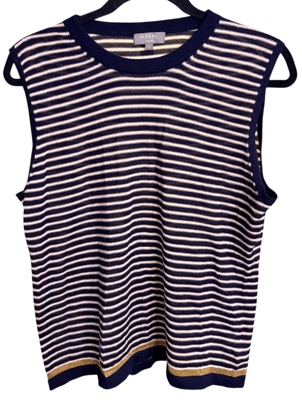 N.Peal London Blue and White Striped Cashmere Tank Top, size Large